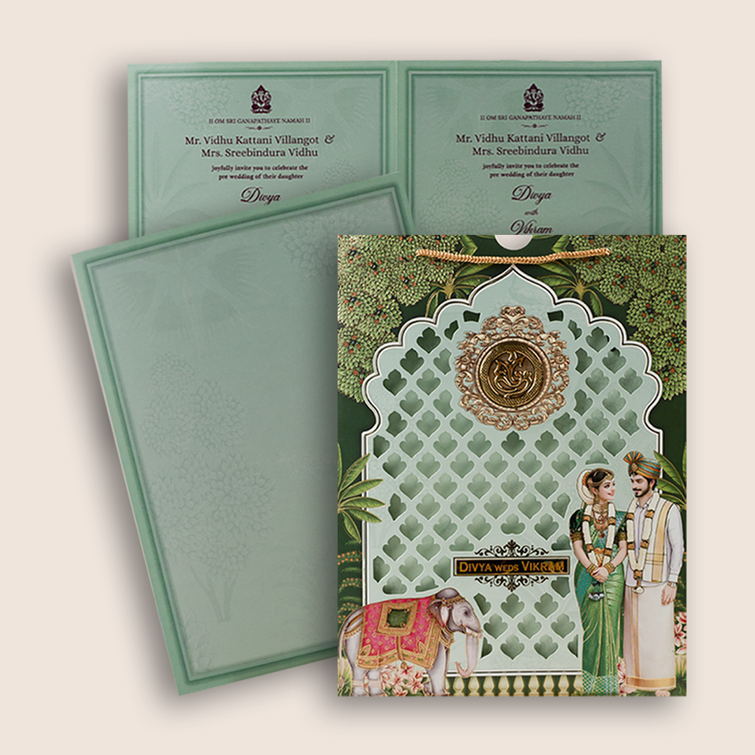 Green Bride Groom Laser Cut Bag Style Wedding Card - KNAS3107