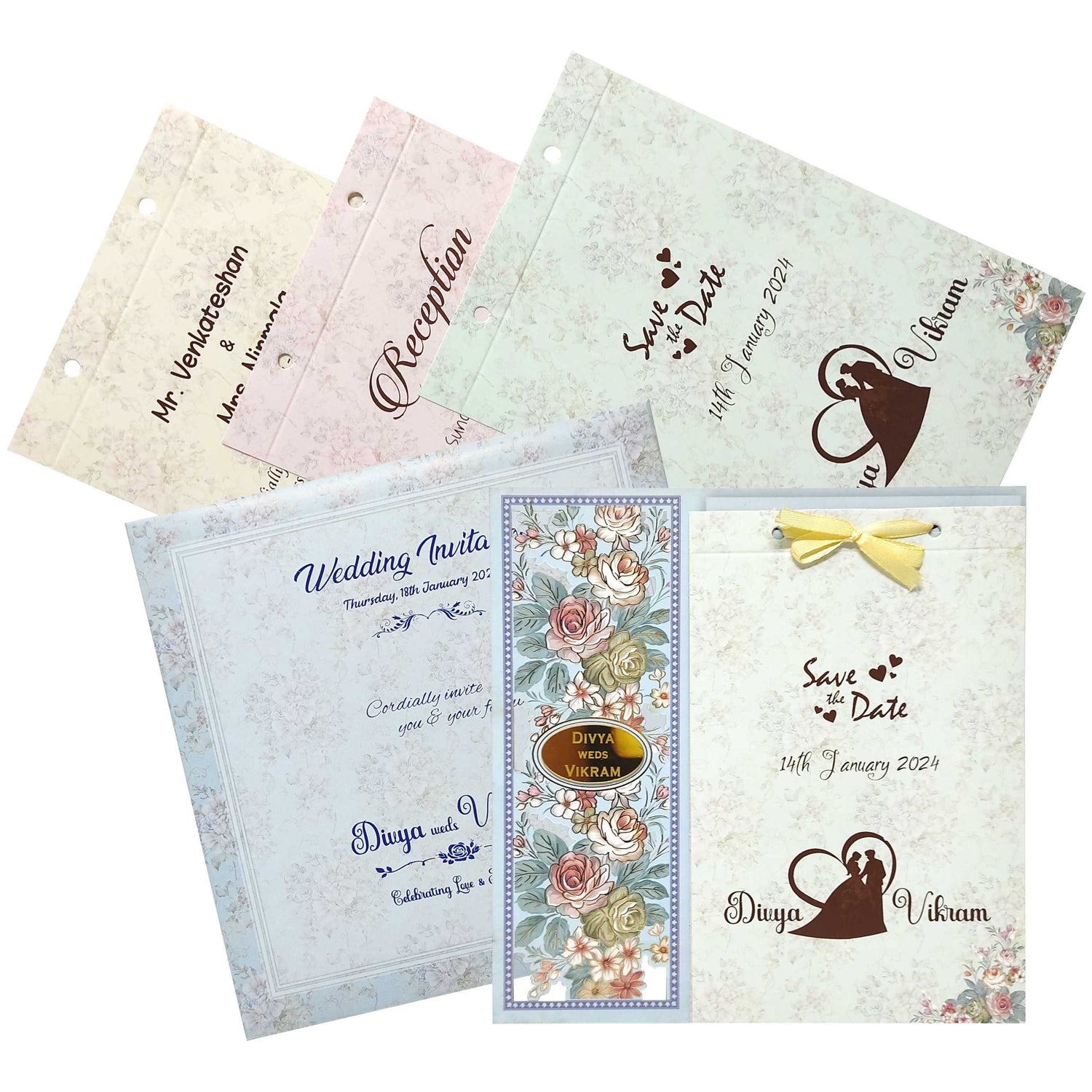 Check out the collection of Blue MDF laser cut floral design inserts attached with ribbon  invitation card at best price. &amp;