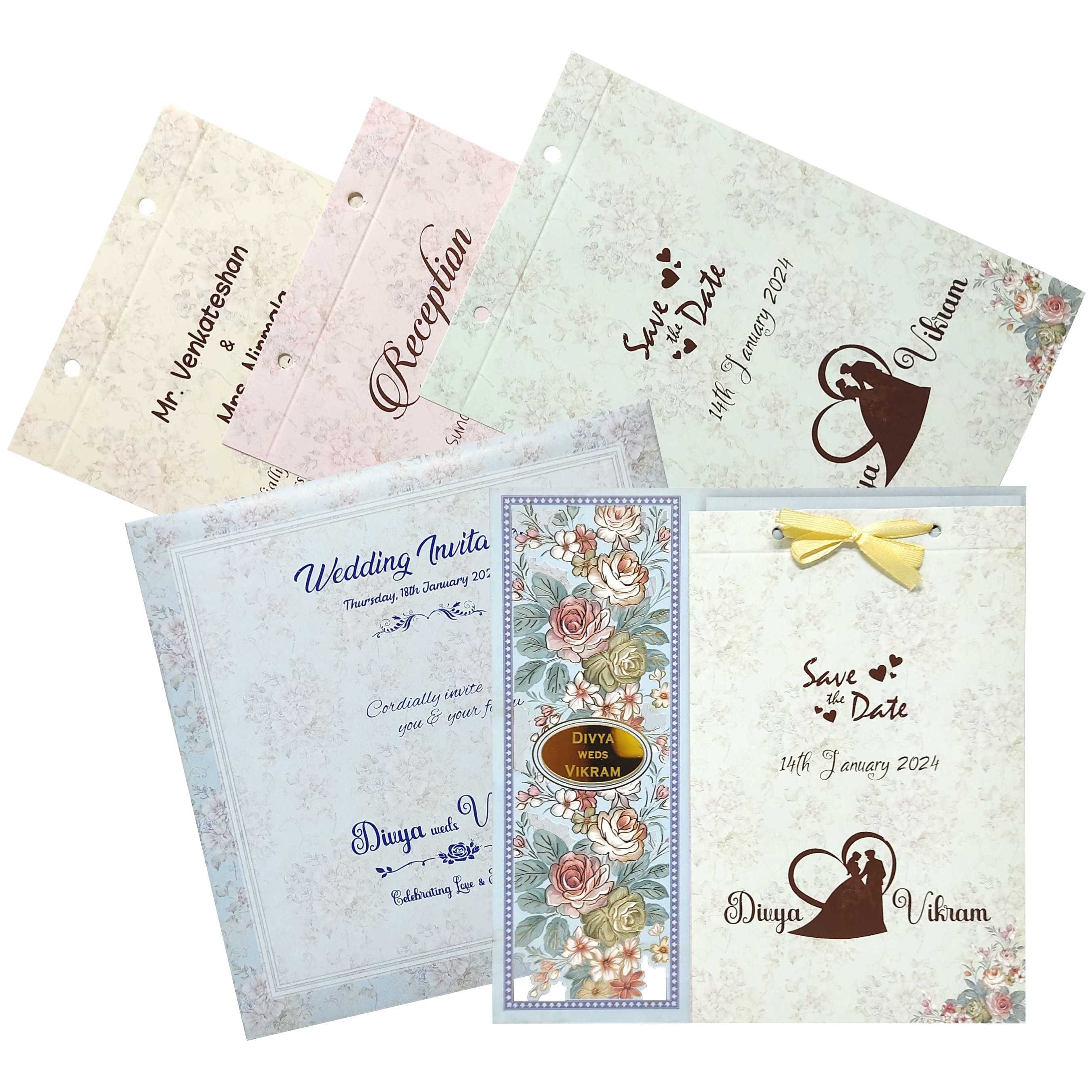 Check out the collection of Blue MDF laser cut floral design inserts attached with ribbon  invitation card at best price. &amp;