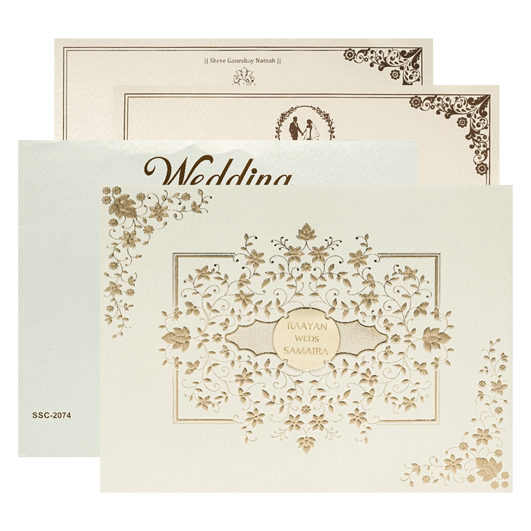 Check out White Gold Floral Padded Wedding Card at best price. ✅WhatsApp Support✅Express Delivery.