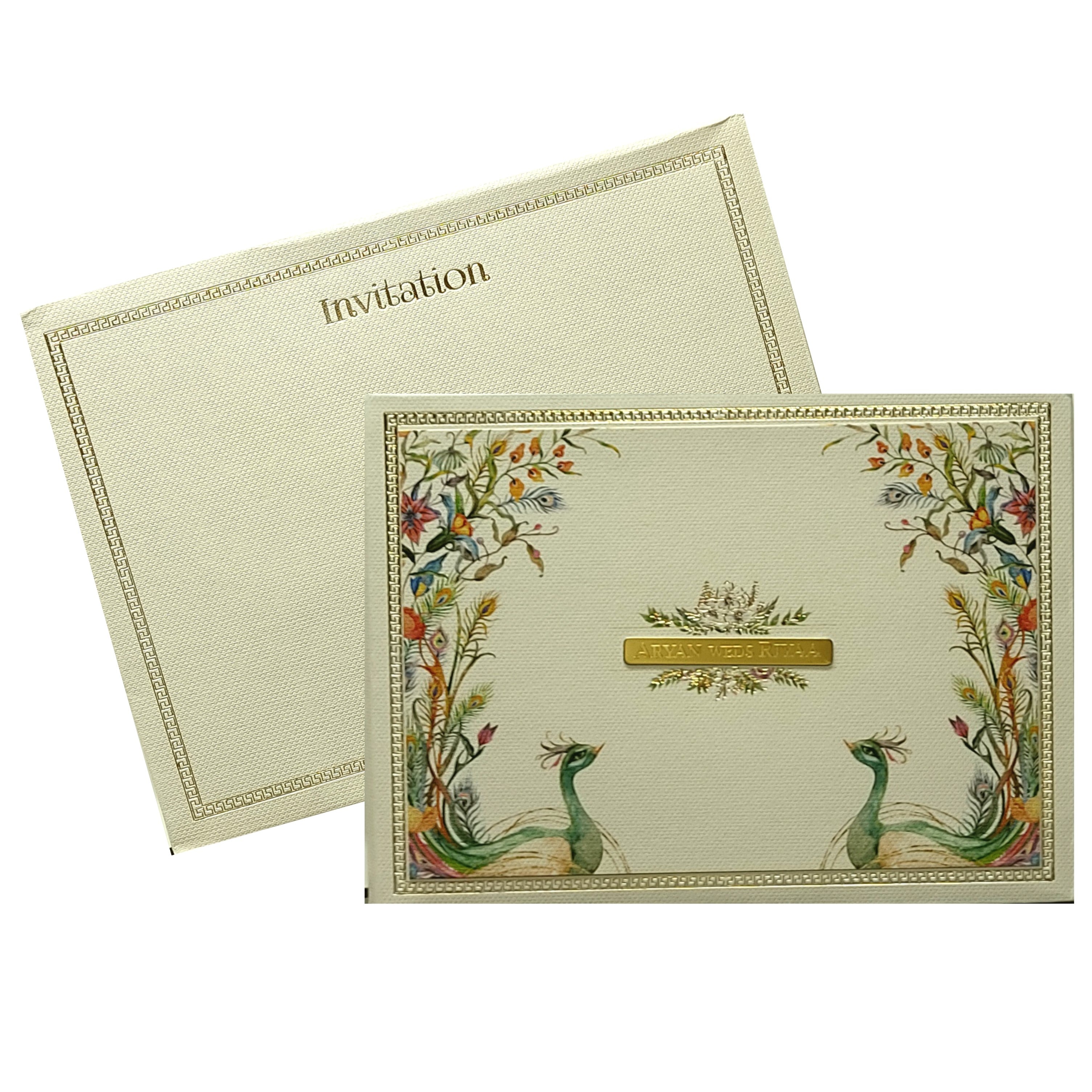 Grey Peacock Padded Invitation Card-KRC29532