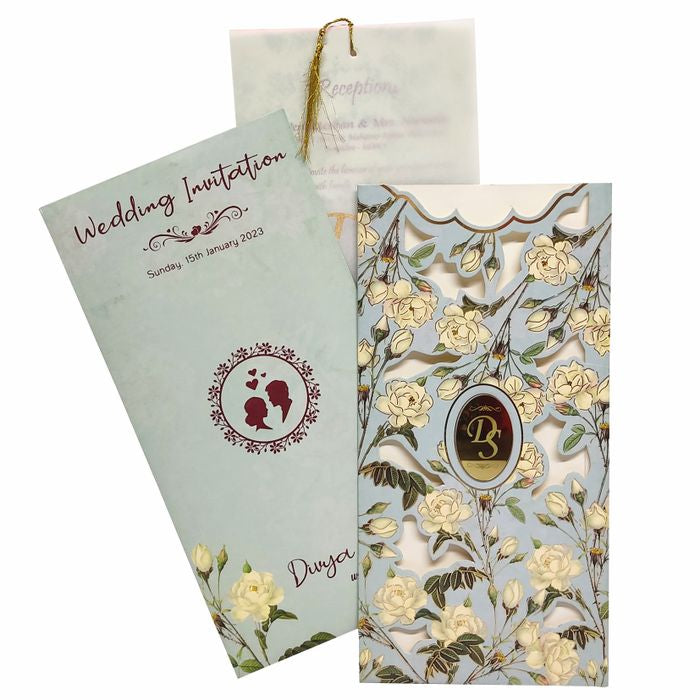 Selling Blue rectangular floral print  envelope with tracing sheet and nameplate invitation card online. Buying invitation cards made easy with King of Cards! &amp;