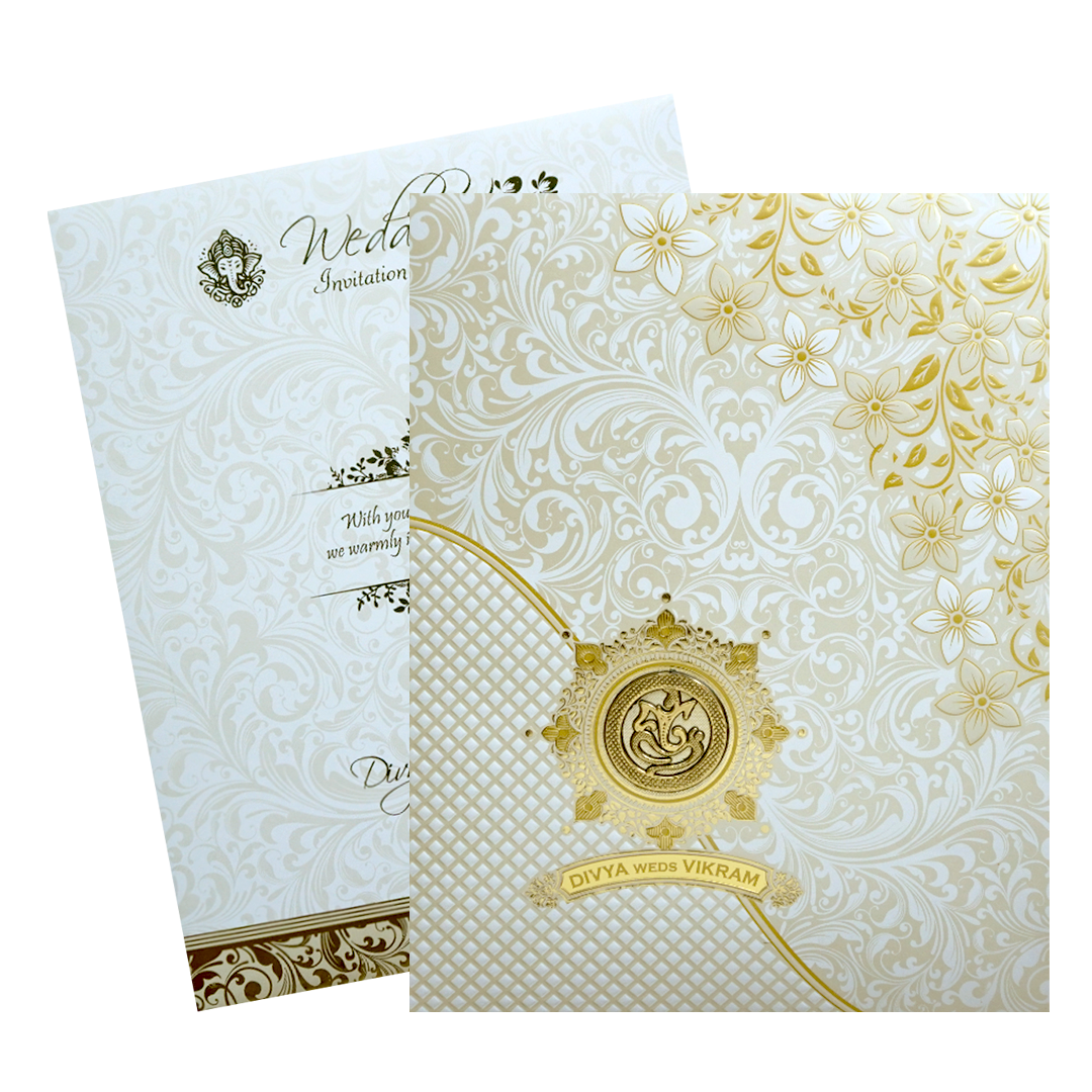 White Jumbo Screen Embossed Floral With Ganesha And Name Plate-KNJS2062