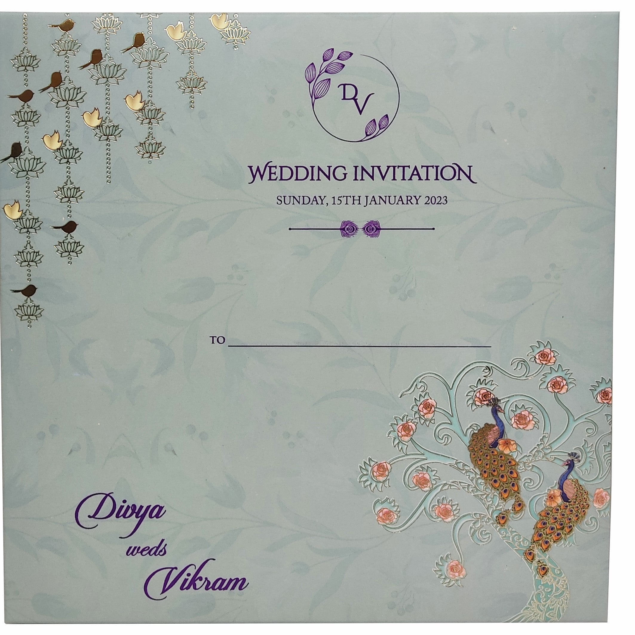 Light blue padded peacock scodix royal invitation card-KNPO02ZG