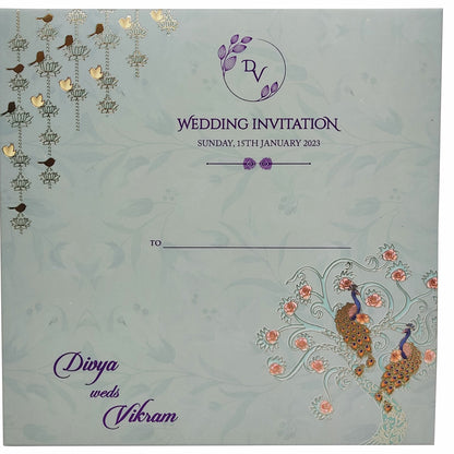 Light blue padded peacock scodix royal invitation card-KNPO02ZG