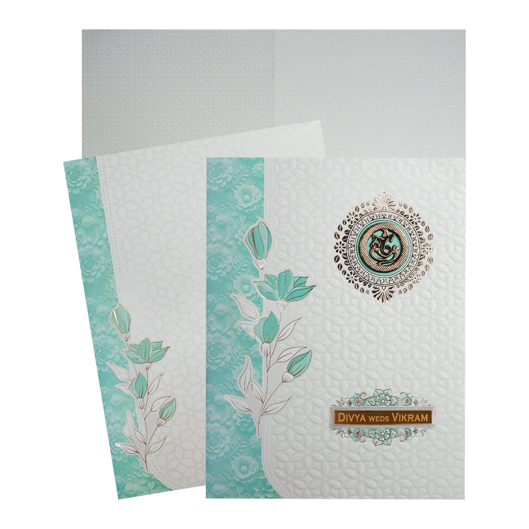Check out White Blue Floral Embossed Wedding Card at best price, ✅WhatsApp Support and ✅Express Delivery | King of Cards.