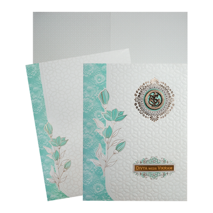 Check out White Blue Floral Embossed Wedding Card at best price, ✅WhatsApp Support and ✅Express Delivery | King of Cards.
