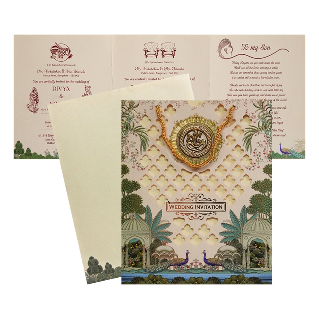 Cream Ganesha Peacock Wedding Bag Card-KNKQ8307