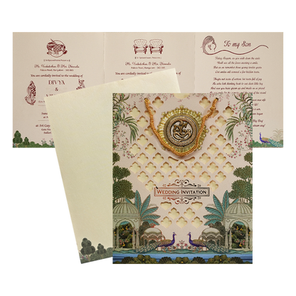 Cream Ganesha Peacock Wedding Bag Card-KNKQ8307