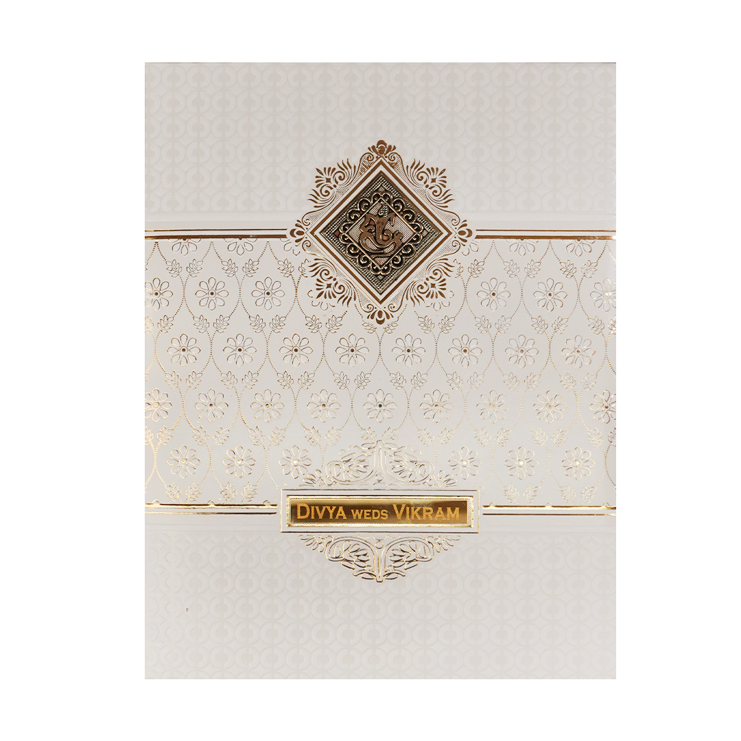 White Gold Floral Padded Wedding Card-KNMS9307