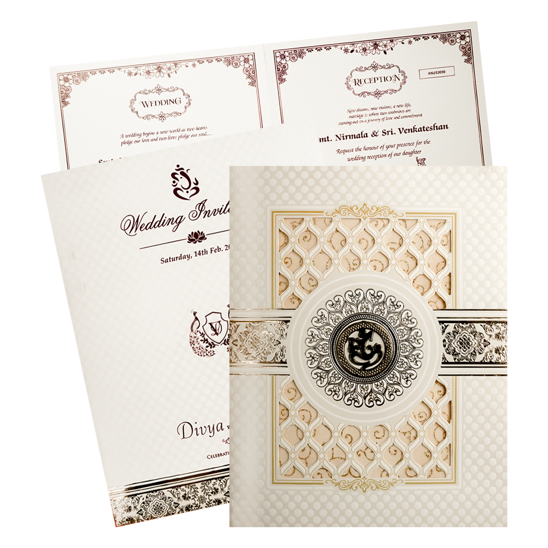 White Ganesha Laser-Cut Wedding Card-KNJS2059