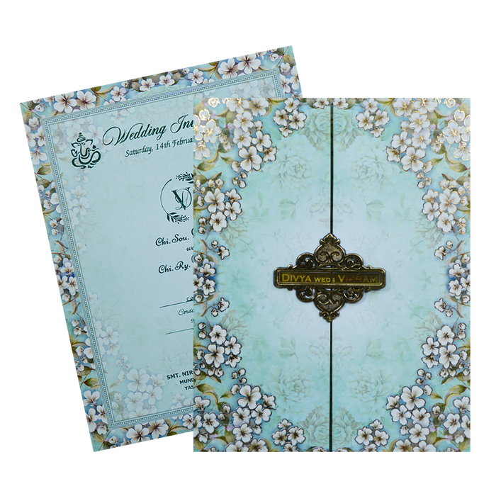 Blue White Floral Door Invitation Card-King of Cards