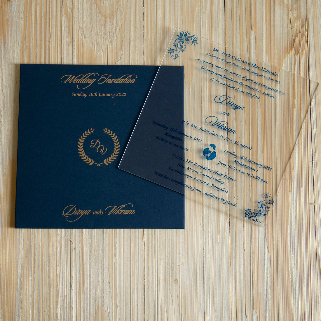 White Acrylic Wedding Invitation Card With Blue Cover-KNAT3701B