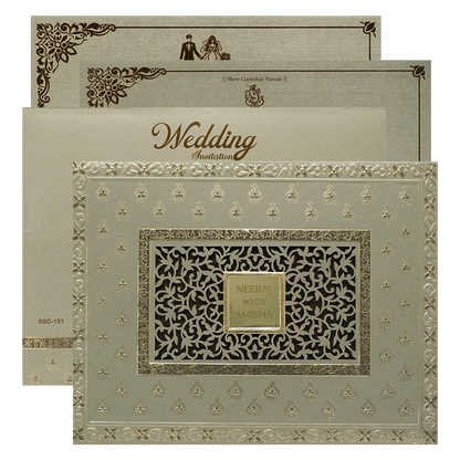 Check out Grey Gold Jaali Padded Wedding Card at best price.✅WhatsApp Support ✅Express Delivery.|King of cards.
