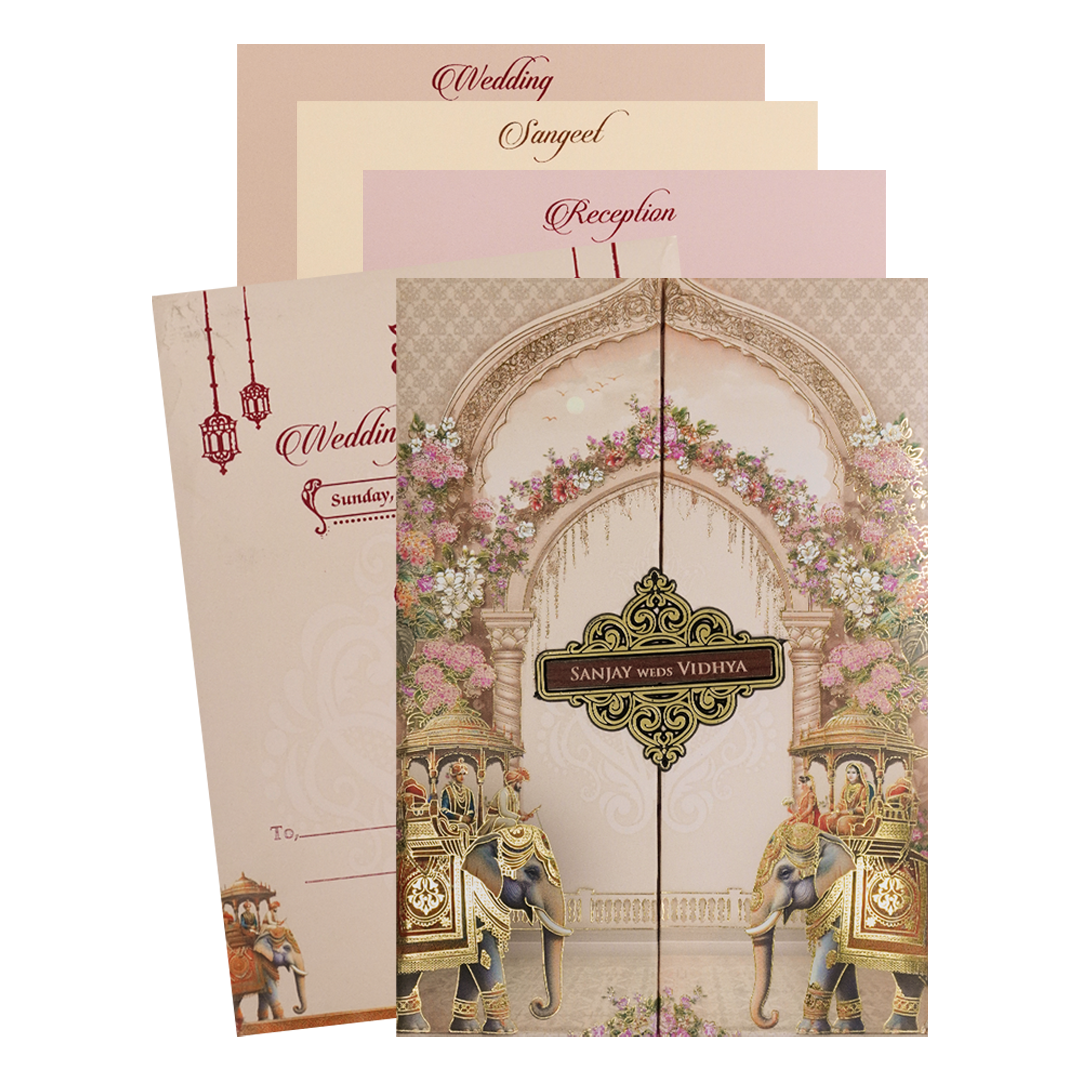 Check out Cream Elephant Carriage Padded Wedding Card at best price. ✅WhatsApp Support ✅Express Delivery.|King of cards.