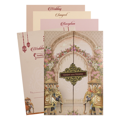 Check out Cream Elephant Carriage Padded Wedding Card at best price. ✅WhatsApp Support ✅Express Delivery.|King of cards.