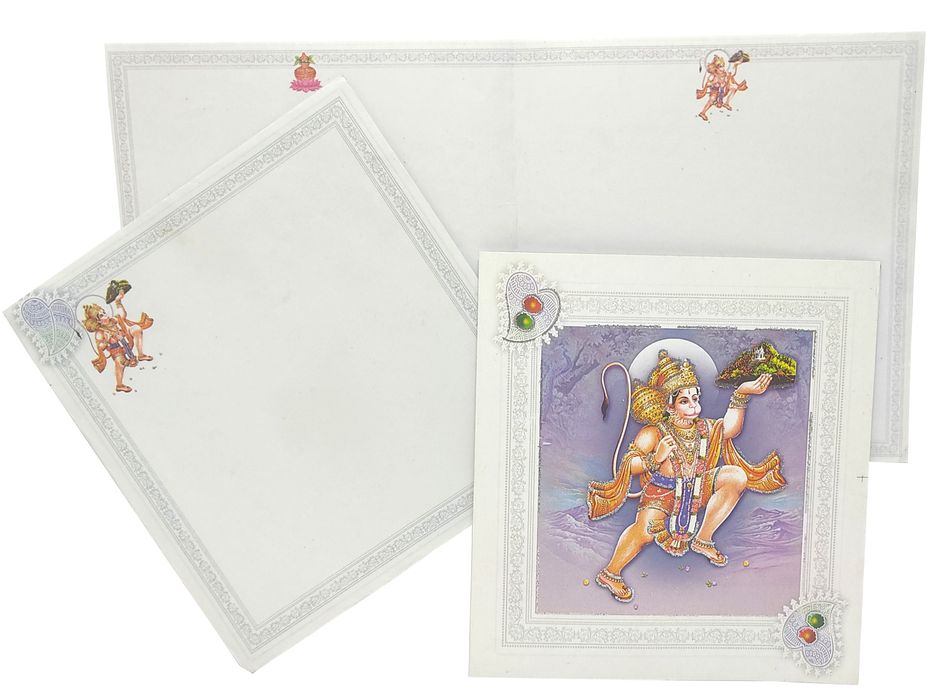 Check out our super cool collection of White hanuman offset print with violet shade leaf design invitation card at best price. &amp;