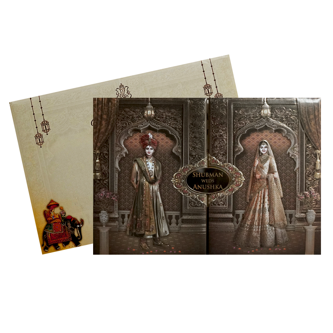 Brown Embossed Bride Groom Door Style Padded Wedding Card - KRB8210