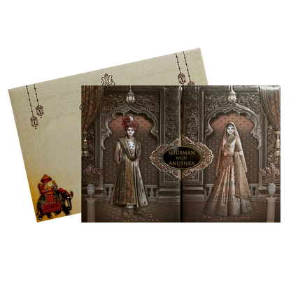 Brown Embossed Bride Groom Door Style Padded Wedding Card - KRB8210