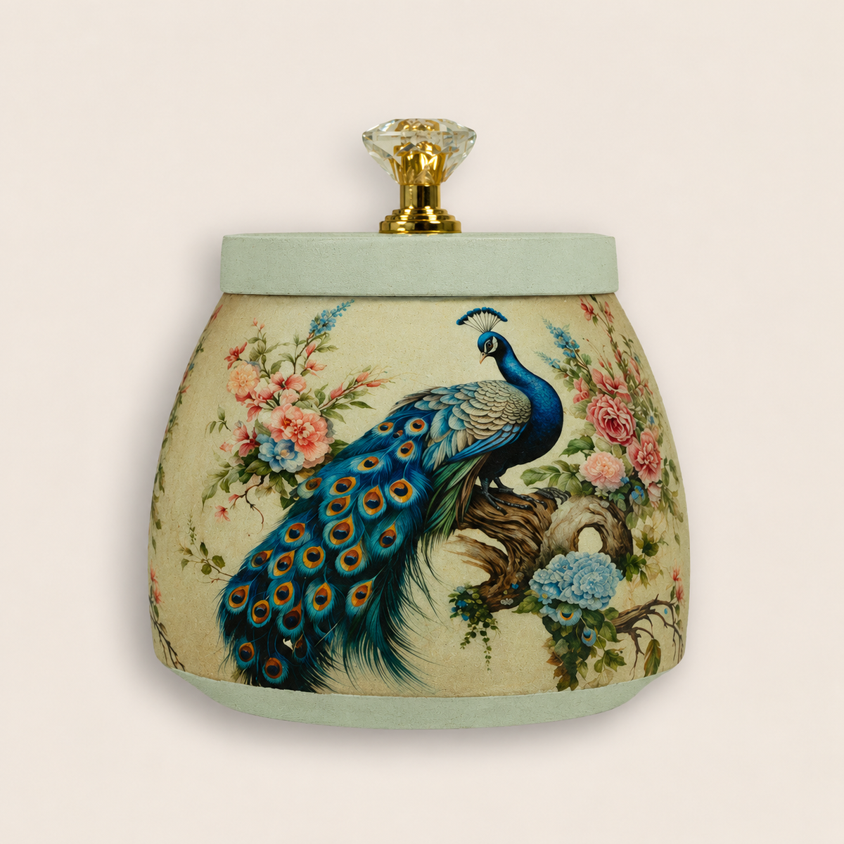 Cream Elegant Peacock Floral Decorative Jar - KRAJ0030