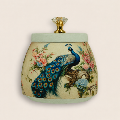 Cream Elegant Peacock Floral Decorative Jar - KRAJ0030