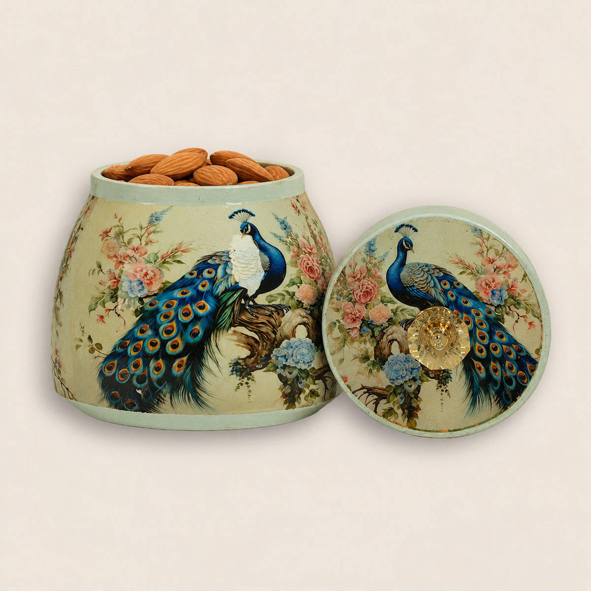 Cream Elegant Peacock Floral Decorative Jar - KRAJ0030