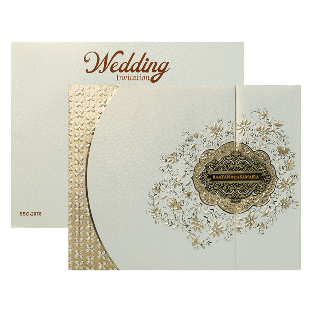 White Gold Embossed Floral Padded Wedding Card-KSSC2078