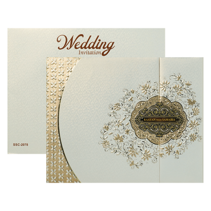 White Gold Embossed Floral Padded Wedding Card-KSSC2078