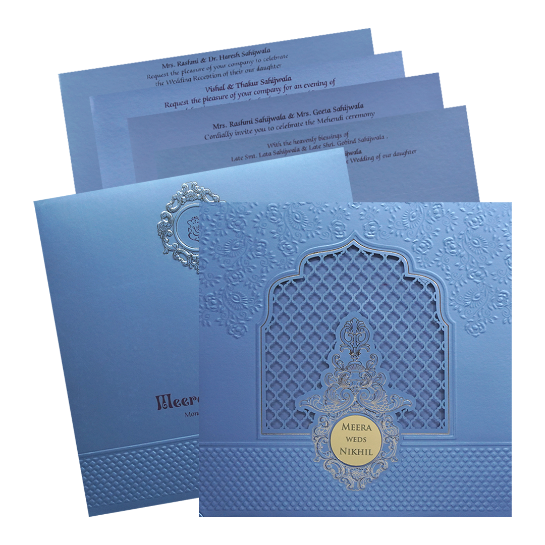 Make your event special with our exclusive Light Blue MDF Wedding Card. Shop now! ?WhatsApp Support ?Express Delivery.