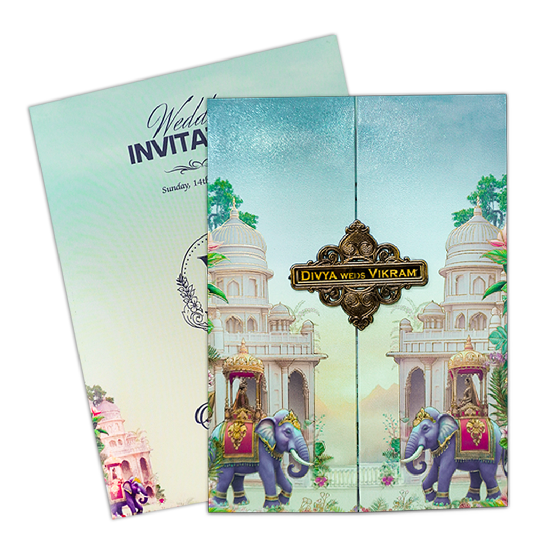 Royal Elephant Gatefold Padded Wedding Card-KNPS8605C