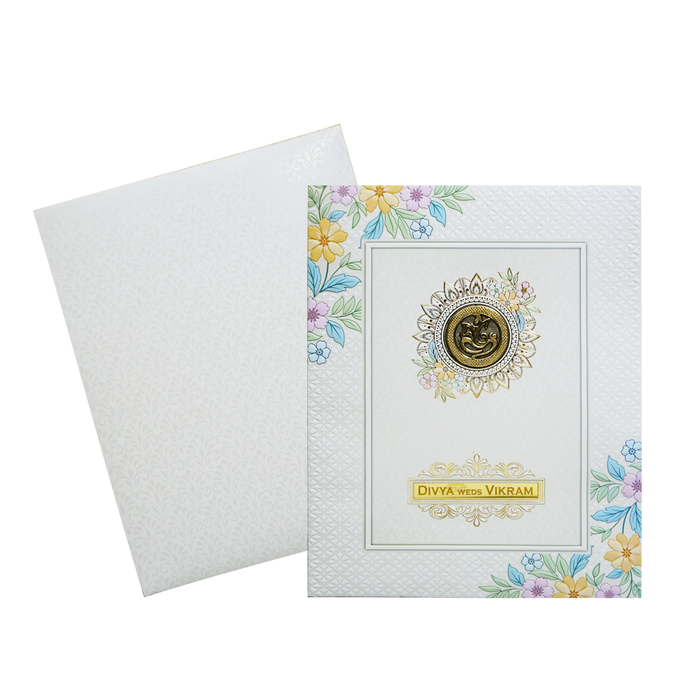 White Minimal Floral Embossed Invitation Card-King of Cards