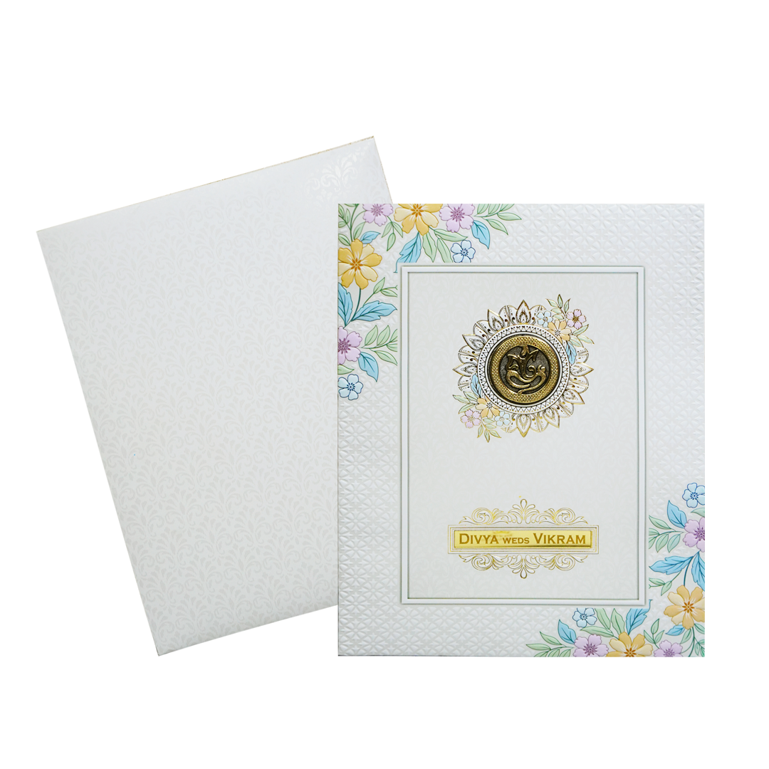 White Minimal Floral Embossed Invitation Card-KNJP1203