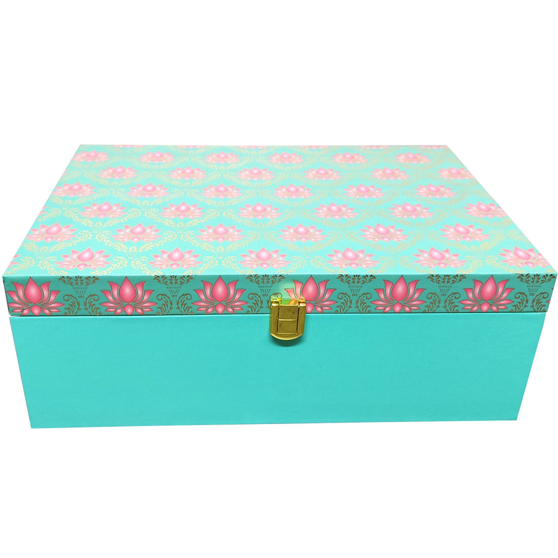 Green with pink floral box invitations comes with a 6mm MDF material and a lock in gold color. This gift hamper has a spacious area to include your special gifts.