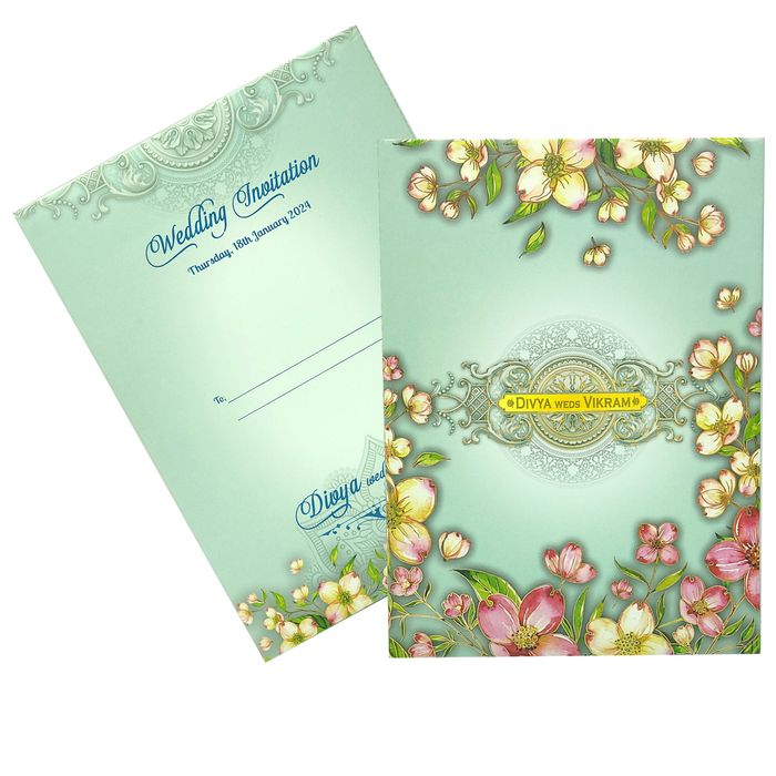Blue Padded Floral Wedding Card In Offset-KNPO9530B-King of Cards