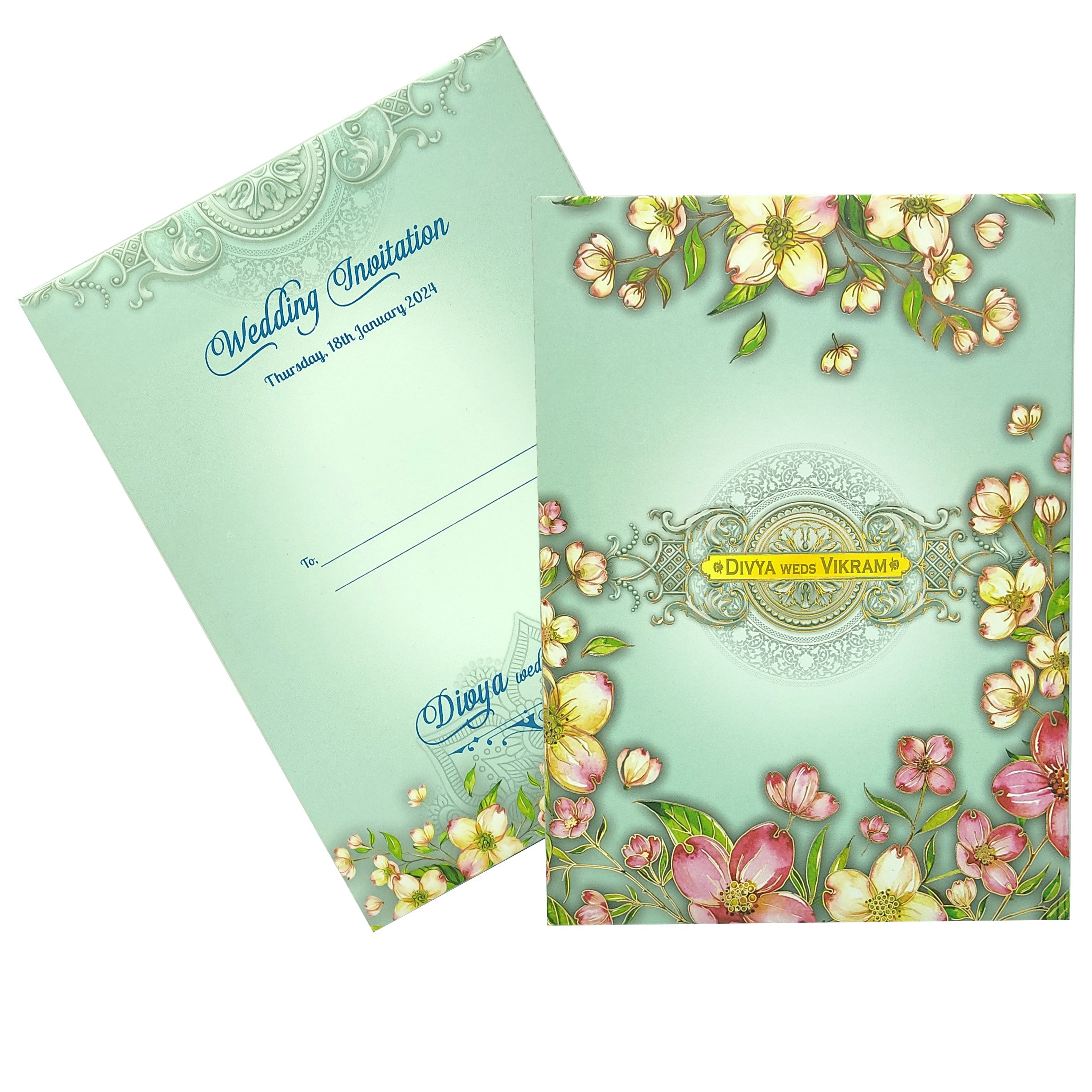 Blue Padded Floral Wedding Card In Offset-KNPO9530B
