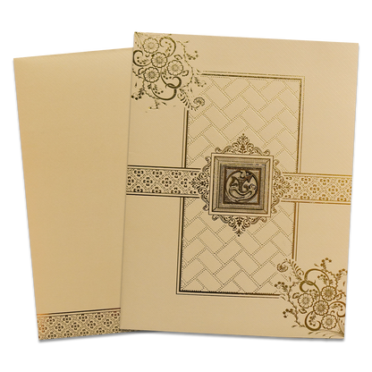 Cream Gold Ganesha Floral Wedding Card-KNKT5034