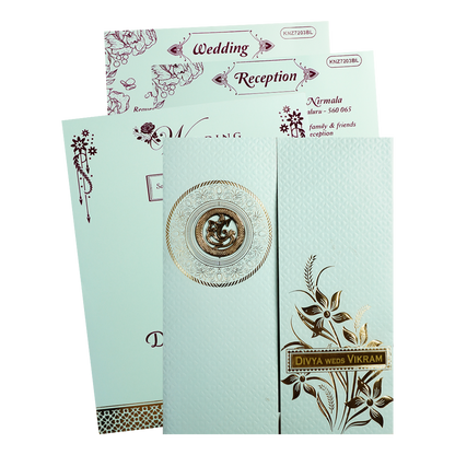 Check out this mint blue Ganesha floral wedding card at best price, ✅WhatsApp Support and ✅Express Delivery | King of Cards.