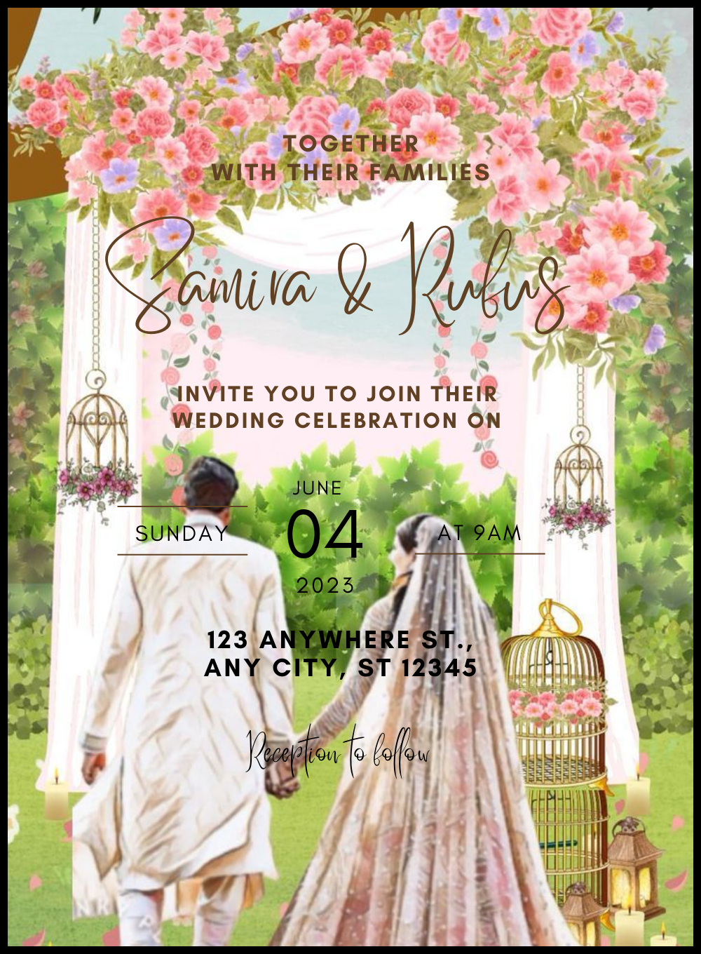 Walking Floral Arch Caricature Wedding Invitation-AACAR008