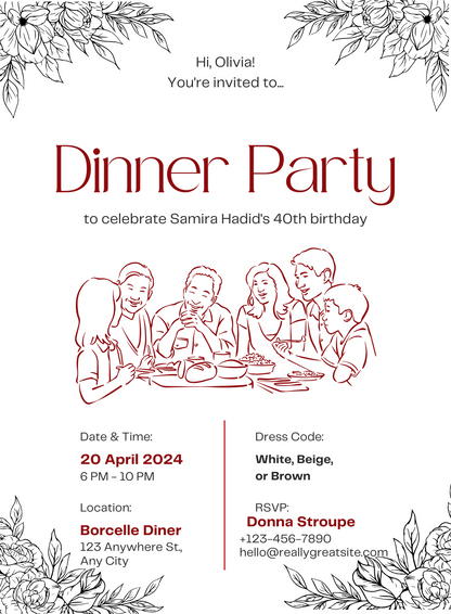 White Crimson Dinner Party Invitation-AADNI004
