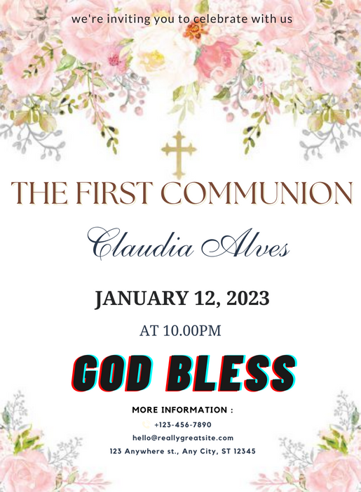 White Floral Holy Communion Invitation-AAHOI008