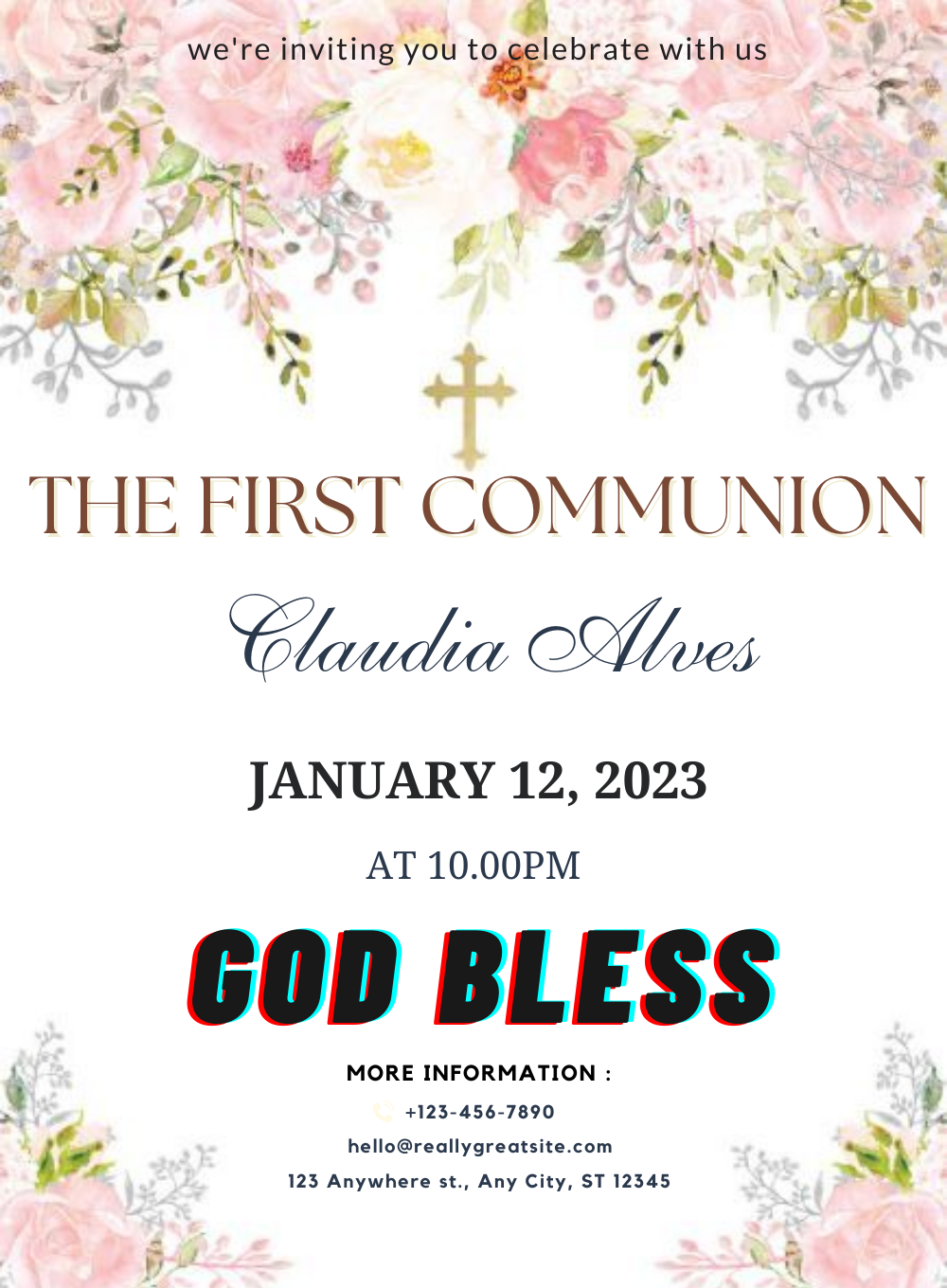 White Floral Holy Communion Invitation-AAHOI008