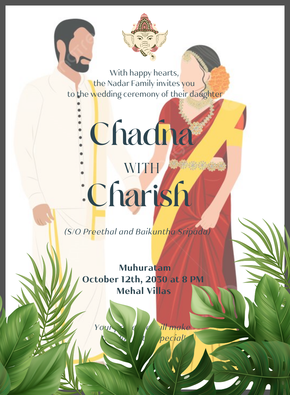 White Leaf South Indian Wedding Invitation-AASIW006