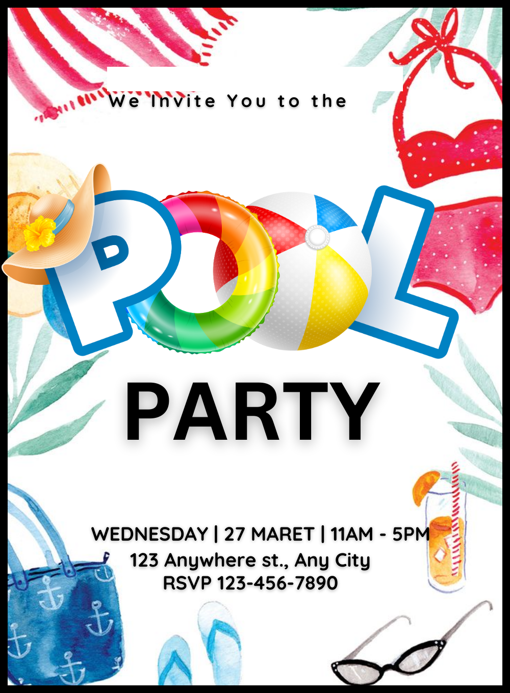 White Sunglasses Pool Party Invitation-AAPPI020