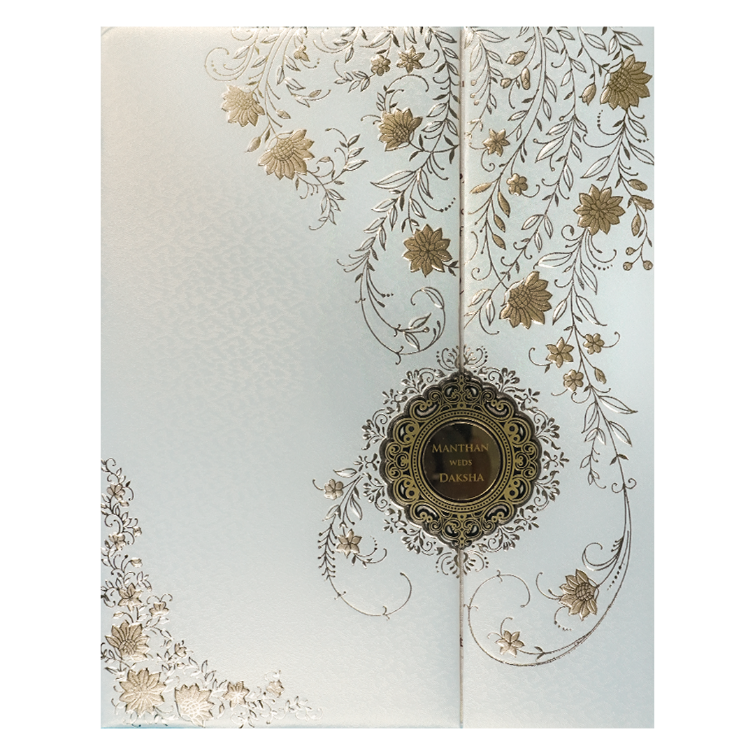 Check out White Gold Floral Padded Wedding Card at best price. ✅WhatsApp Support ✅Express Delivery.|King of cards.