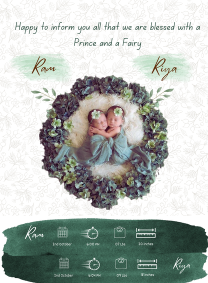 Wreath Floral Baby Birth Announcement Invitations-AABBA015