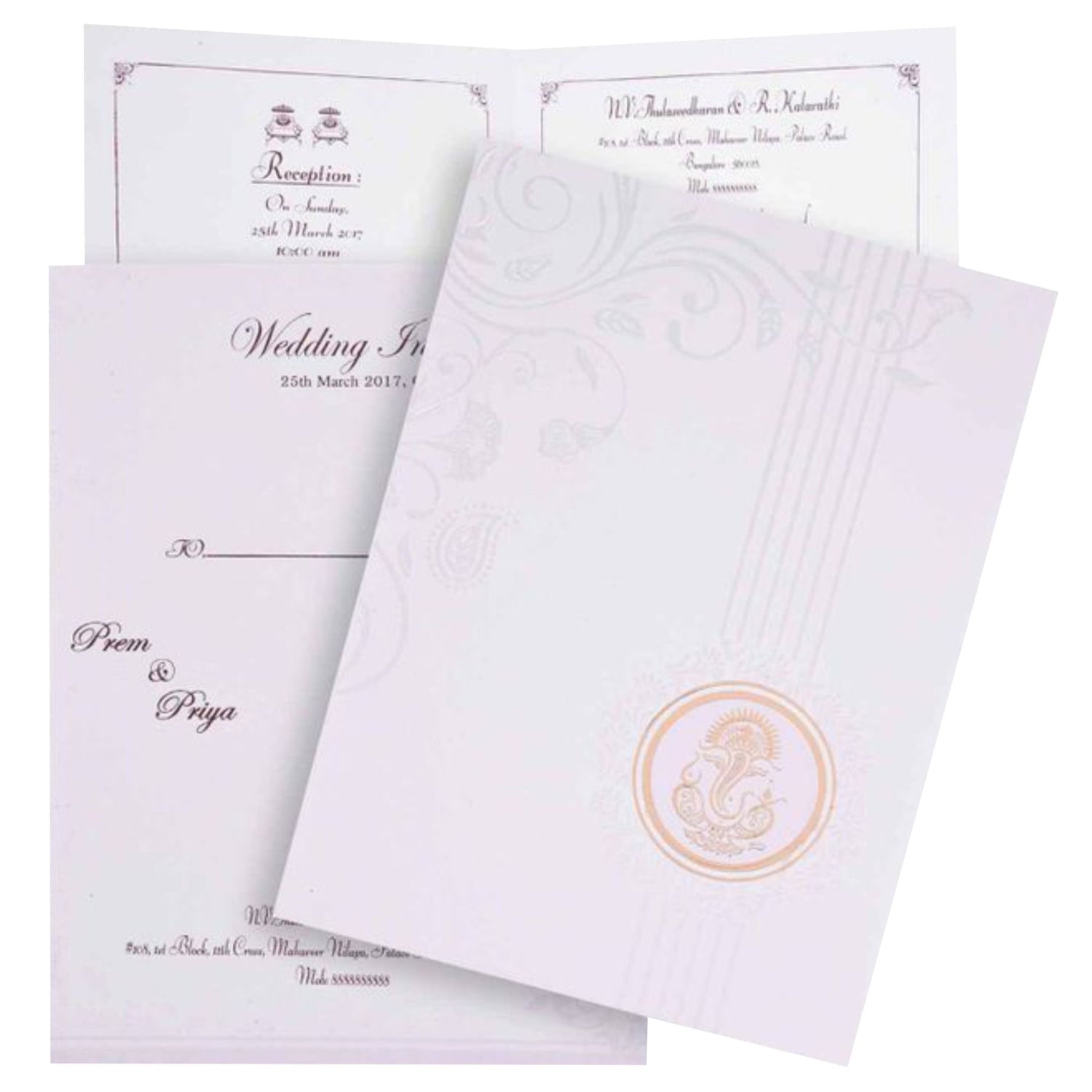 White Shading Backdrop With Gold Ganesha Wedding Card - KNK2398