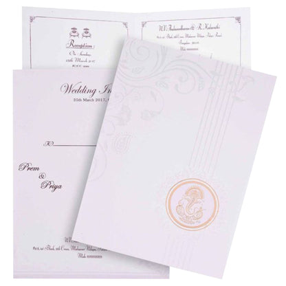 White Shading Backdrop With Gold Ganesha Wedding Card - KNK2398