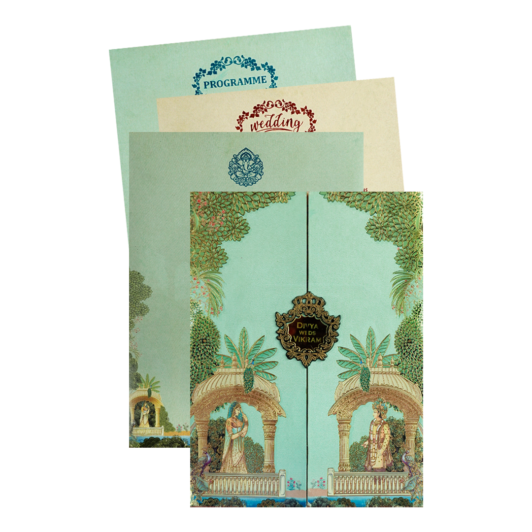Check out Green Mughal Gatefold Wedding Card at best price, ✅WhatsApp Support and ✅Express Delivery | King of Cards.