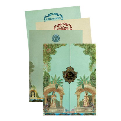 Check out Green Mughal Gatefold Wedding Card at best price, ✅WhatsApp Support and ✅Express Delivery | King of Cards.