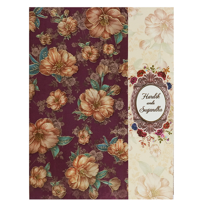 Maroon Cream Floral Door Padded Wedding Card-King of Cards